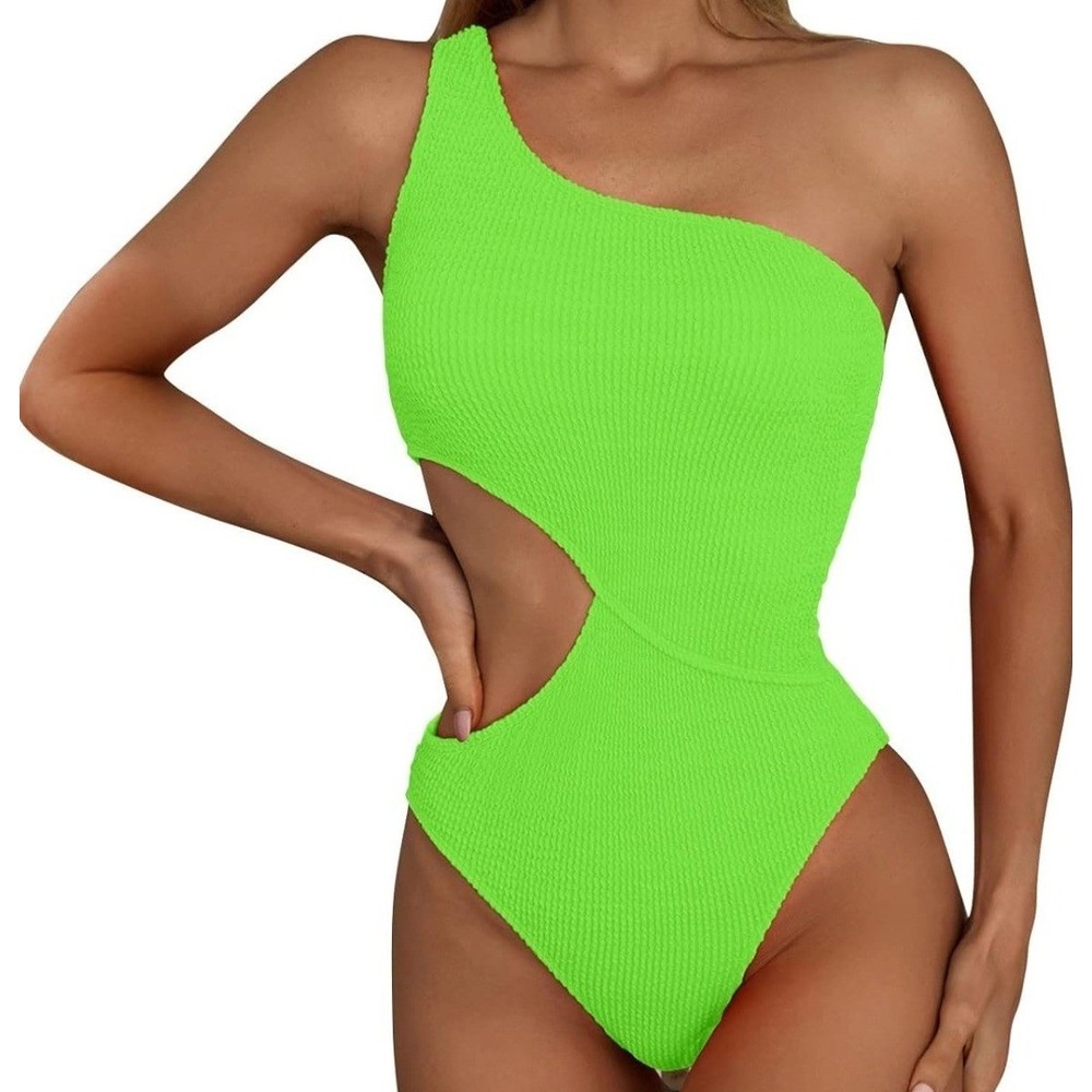 Neon Green‎ One Shoulder Cutout Crinkle One Piece Swimsuit Womens M